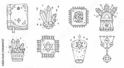 Hand-drawn spiritual symbols including crystals and geometric shapes  
