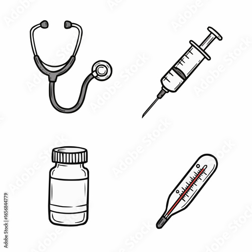 Medical instruments including stethoscope, syringe, vial, and thermometer  