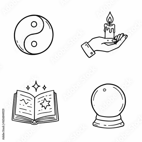 Spiritual symbols including yin yang, candle, book, and crystal ball  