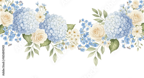 Elegant Floral Arrangement with Hydrangeas Roses and Delicate Blue Flowers for Wedding Decor