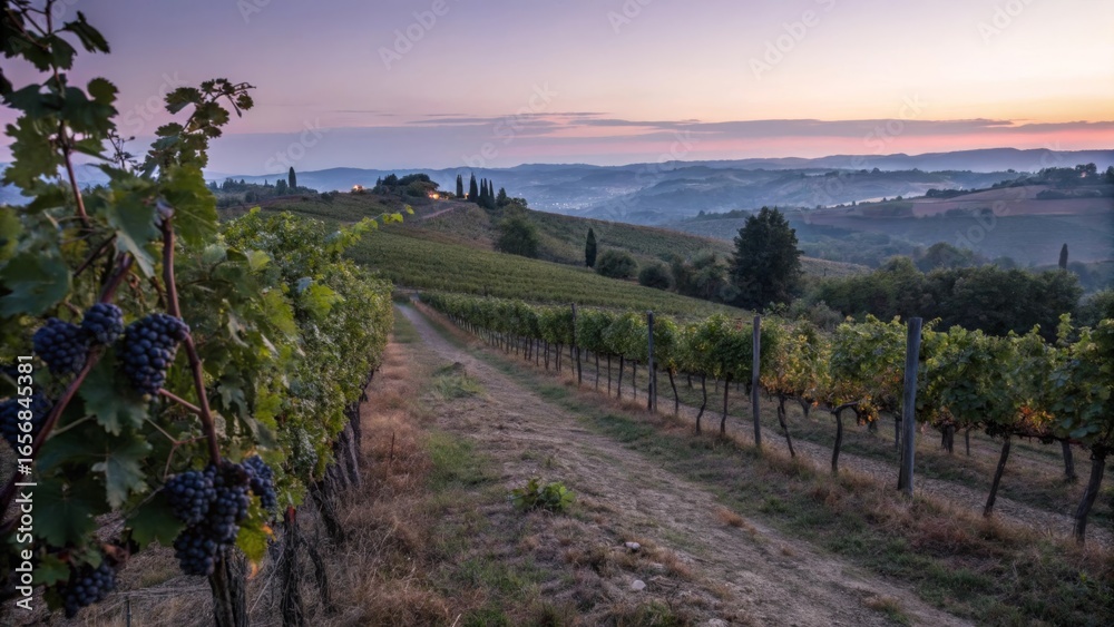 Fototapeta premium Harvesting serenity a quiet vineyard at dusk grape-filled vines in tranquil surroundings