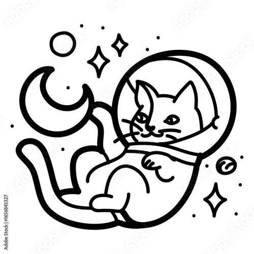 Space cat illustration with playful design elements