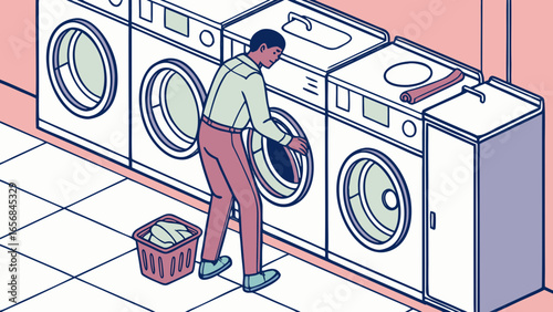A male customer loading clothes into a washing machine, focused mood, using laundromat facilities in a colorful indoor setting