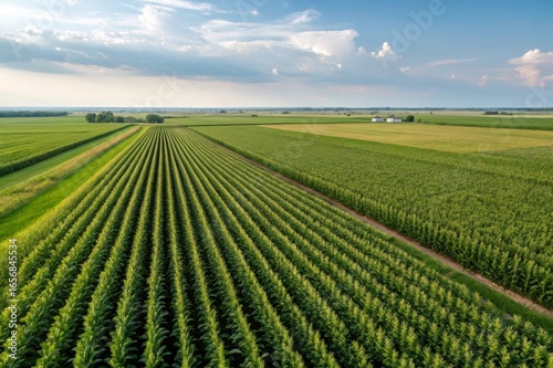 Aerial view of perfectly aligned corn rows stretching to the horizon agricultural landscape photography open fields bird's eye perspective crop cultivation
