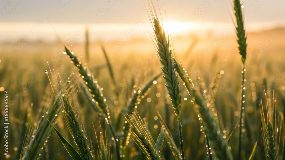 Obraz premium Captivating closeup of dewdrops on fresh wheat stalks at sunrise agricultural field nature photography bright atmosphere macro viewpoint serenity and growth