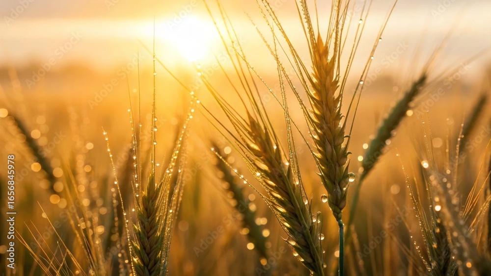 Fototapeta premium Captivating closeup of dewdrops on fresh wheat stalks at dawn nature photography outdoor landscape macro view freshness and vitality