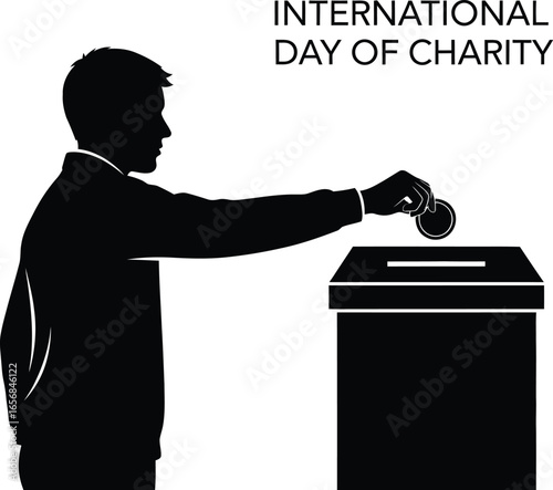 Vector art of silhouette of a man donating coin to charity box for international day of charity, symbolizing support, generosity, and social responsibility