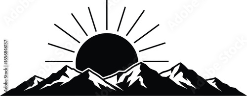 Vector art of a mountain range with the sun rising behind it, representing nature, adventure, and scenic beauty