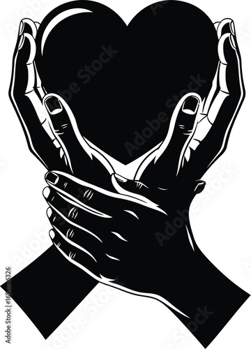 Vector art of silhouette of hands holding a heart, symbolizing love, care, and support for international day of charity, promoting kindness and compassion