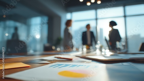 Financial charts and pen on a boardroom table with executives discussing strategy in the background. Corporate planning, analytics, quarterly review and business growth