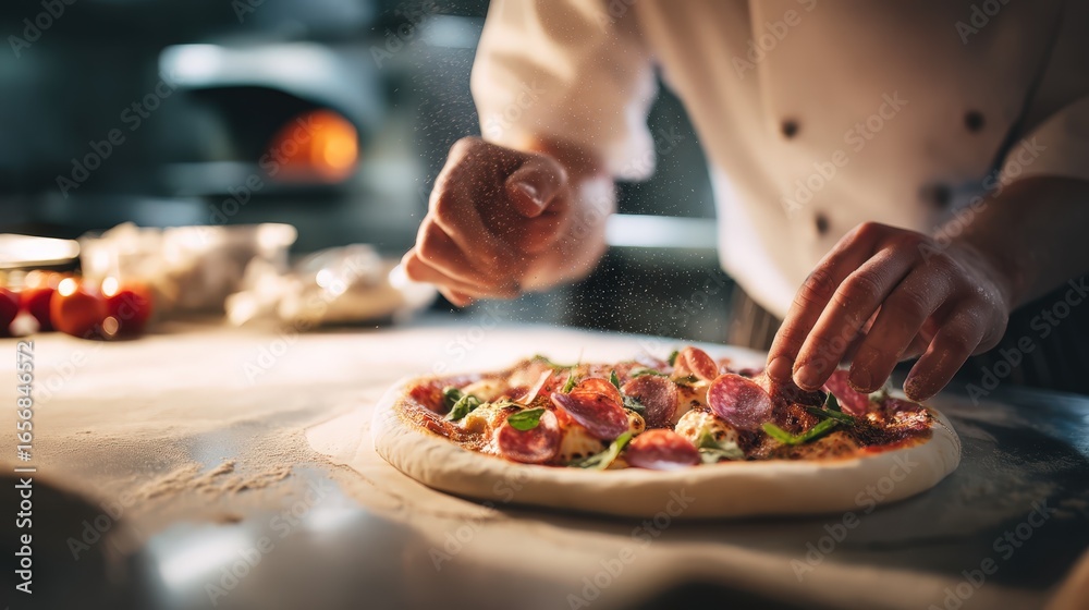 Pizzaiolo sprinkles ingredients over a rising pizza base, flour dust floating in warm light. Professional kitchen, salami and herbs, gourmet Italian food close‑up Pizzaiolo sprinkles ingredients over a rising pizza base, flour dust floating in warm light. Professional kitchen, salami and herbs, gourmet Italian food close‑up