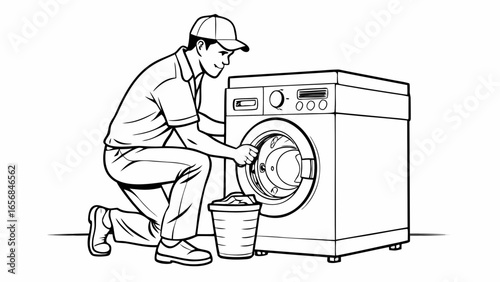 A male customer loading laundry into washing machine, focused mood, kneeling in clean laundromat environment