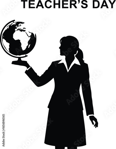 Vector art of silhouette of a teacher holding a globe for teachers day celebration, , representing education, knowledge, and international geography