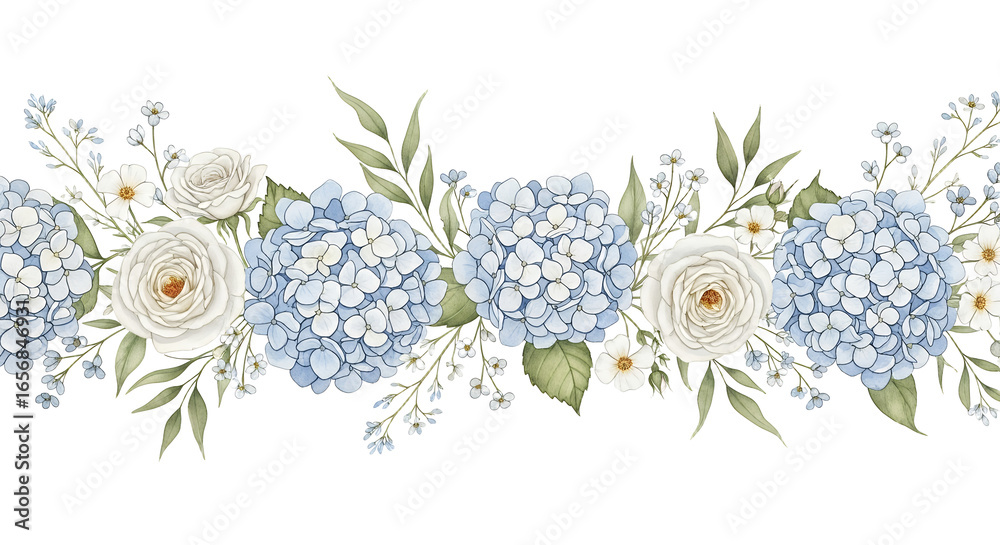 Fototapeta premium Elegant Floral Border with Hydrangeas and Roses for Wedding or Event Design