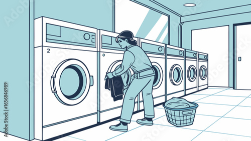 A male customer loading laundry into washer, focused mood, using laundromat facilities, clean indoor environment
