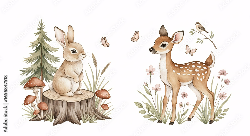 Fototapeta premium Cute Bunny and Baby Deer Illustration with Forest Elements like Mushrooms, Flowers, Tree Stump and Butterflies on White Background 