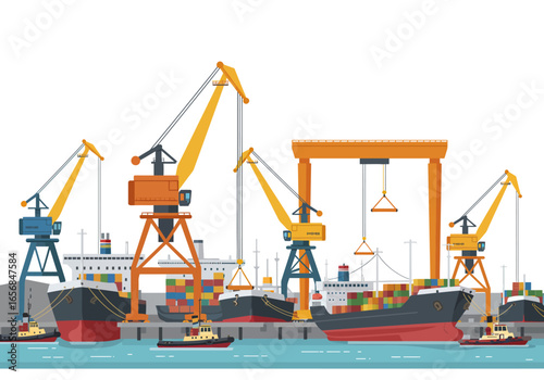 A bustling port scene with container ships cranes  tugboats set against a white background