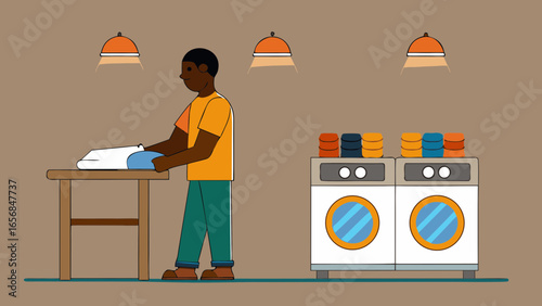 A male laundry worker folding clean clothes, focused mood, organizing items at laundry station, colorful indoor setting