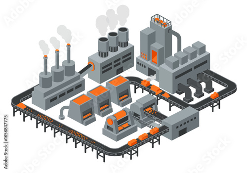 Isometric industrial factory with smoke stacks and conveyor belts