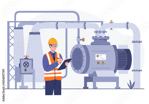 Man in safety vest  helmet inspects industrial equipment with pipes  valves taking notes on a clipboard