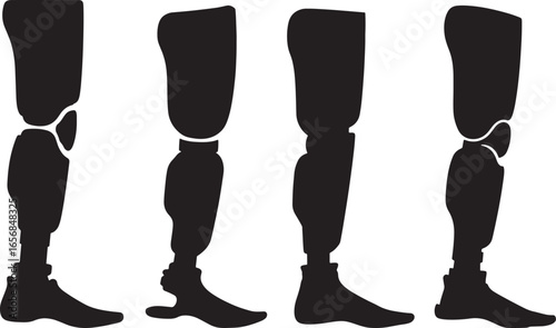 Four silhouette prosthetic legs showing different designs and stages of amputation isolated on white background