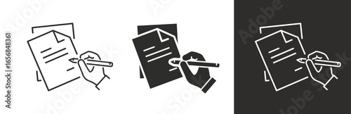 Carta da parati flat and linear set icons, pencil in hand and business document or report job, w