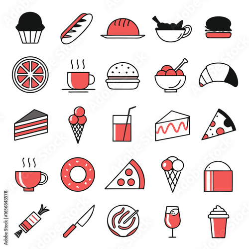 A clean, flat vector icon set in minimal modern style, food and drink theme, 20 unique icons arranged in a grid, 