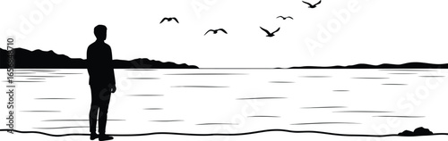 Silhouette of a Person Watching Birds Fly Over the Sea on Transparent Background