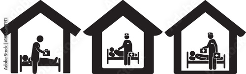Three medical professionals providing care inside houses silhouette isolated on white background