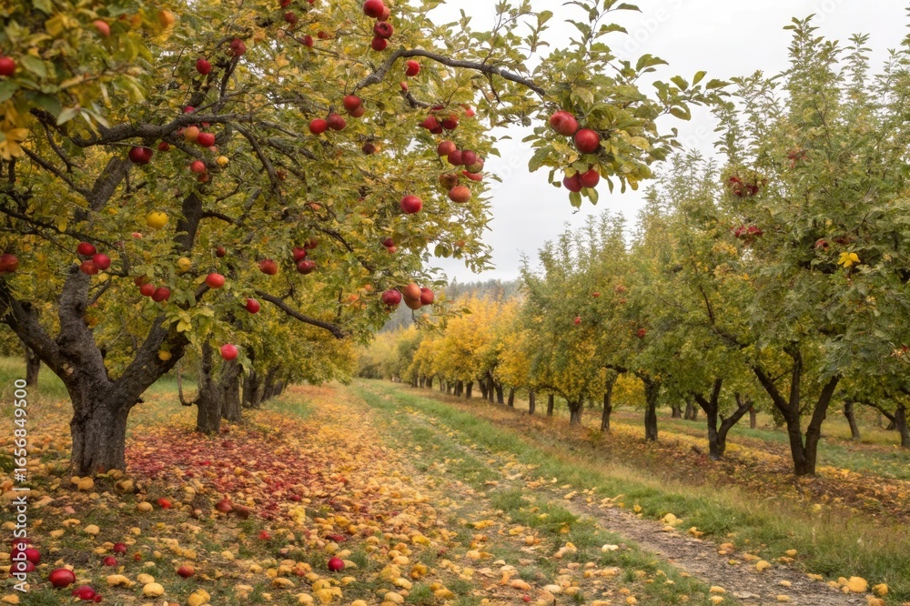Naklejka premium Harvesting red apples in an orchard with vibrant leaves turning colors scenic landscape autumn atmosphere nature's bounty