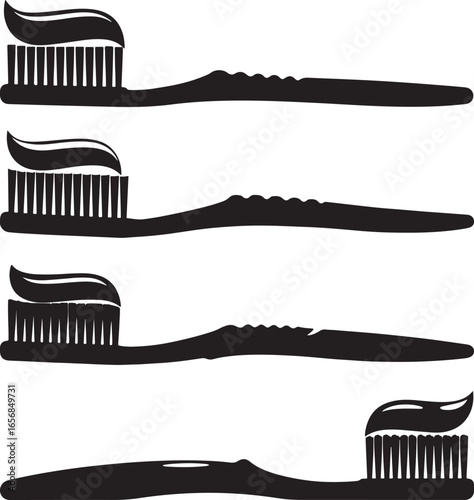 Four black toothbrush silhouettes with toothpaste isolated on white background