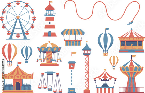 Colorful amusement park rides collection, carnival attractions and fairground icons, Ferris wheel, 