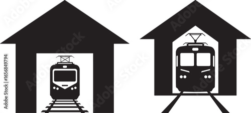 Two black silhouette trams inside stylized house shapes isolated on white background silhouette