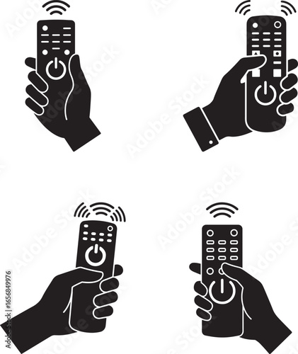 Four black silhouette hands holding remote controls transmitting signals isolated on white background