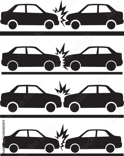 Four pairs of black car silhouettes in collision on white background silhouette isolated on white background