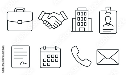 Business icons: briefcase, handshake, building, id badge, document, calendar, phone, envelope