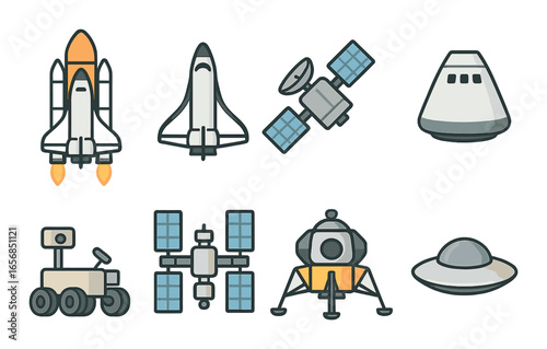 Collection of eight colorful space icons: shuttle, satellite, rover, and ufo