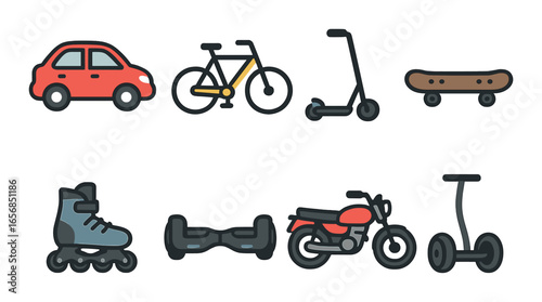 Icons of diverse transportation methods: scooter, bicycle, skateboard, car, bike, segway