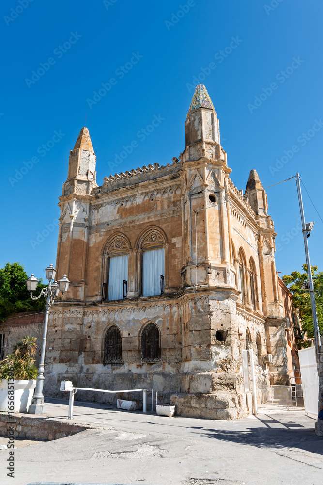 Palazzina dei Quattro Pizzi is located in the Arenella district of Palermo, it became the private residence of Vincenzo Florio. Palermo, Sicily, Italy. Palazzina dei Quattro Pizzi is located in the Arenella district of Palermo, it became the private residence of Vincenzo Florio. Palermo, Sicily, Italy.