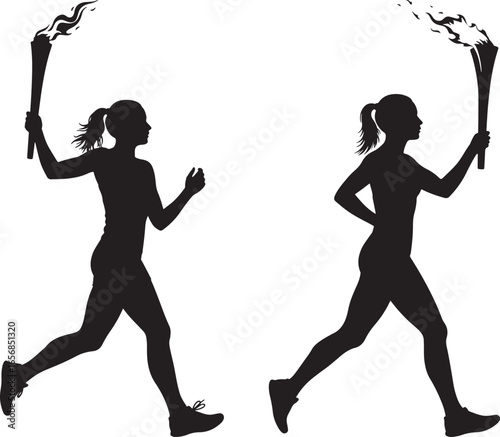 Two female athletes running with torches in silhouette isolated on white background