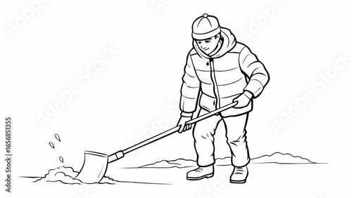 A person shoveling snow, determined mood, clearing path in winter landscape, monochrome background