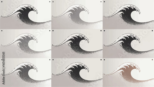 Grid collection of stylized Japanese-style waves with one colored wave representing uniqueness and individuality among a monochrome majority.