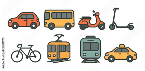Collection of various urban transportation icons: car, bus, scooter, bike, tram, train, taxi