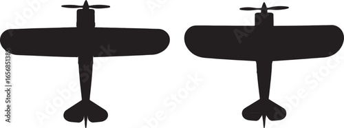 Two vintage biplane aircraft silhouettes facing forward isolated on white background