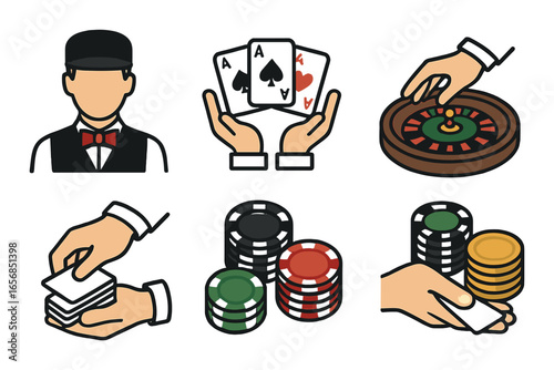 Casino symbols: dealer, playing cards, roulette, chips, and money icons