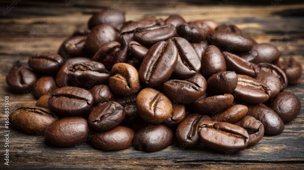 Fototapeta premium A close-up view of a pile of roasted coffee beans resting on a rustic wooden surface.