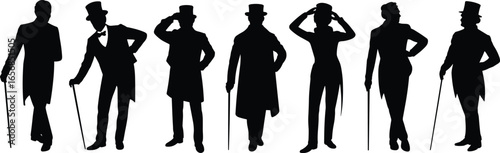 Gentleman silhouettes with top hats, vintage style walking canes, elegant Victorian fashion illustration, classic retro men poses, black silhouette vector, stylish historical character design