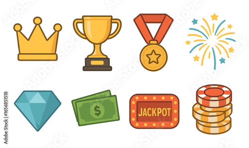 Colorful icons of achievements and rewards: crown, trophy, medal, fireworks, diamond, cash, jackpot, chips