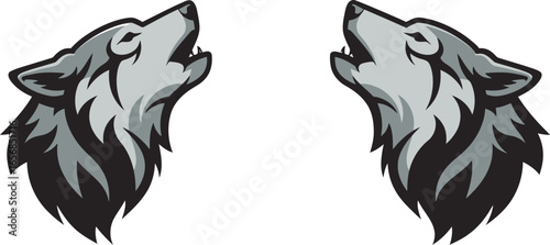 Two Wolves Howling Heads Facing Each Other in Silhouette on Transparent Background