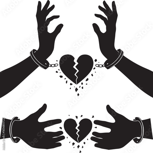 Broken heart shackles silhouette symbolizing freedom from pain and heartbreak isolated on white background